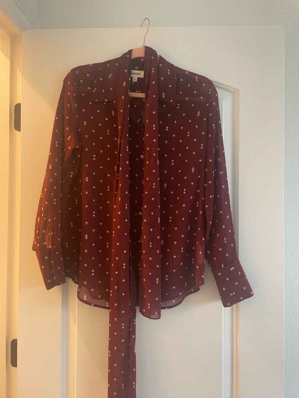 L'AGENCE Burgundy Blouse with Cream Heart Motif